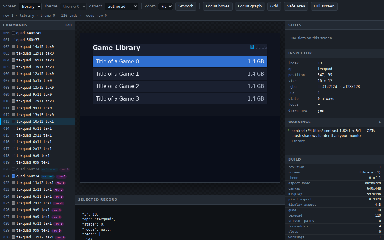 ps2ui serve on the demo project: the library screen in the root theme at 4:3, the contrast warning listed under Warnings, command 013 selected in the command list and shown in the inspector