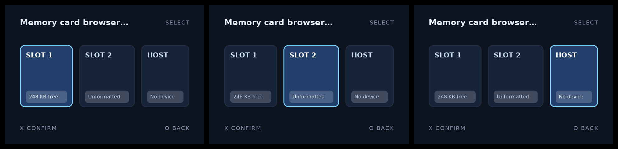 CSS demo screen montage, root theme, 4:3, every focus state: the ring and the lighter panel fill move across the three cards