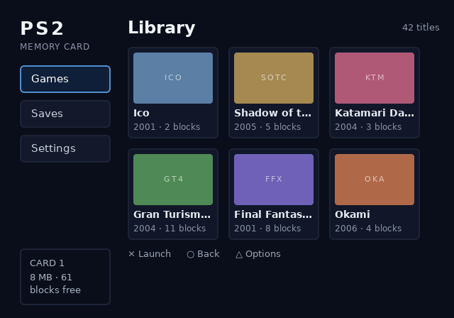 memcard library screen, root theme, 4:3, initial focus state, with the count slot set to "42 titles" instead of its baked placeholder "6 titles"