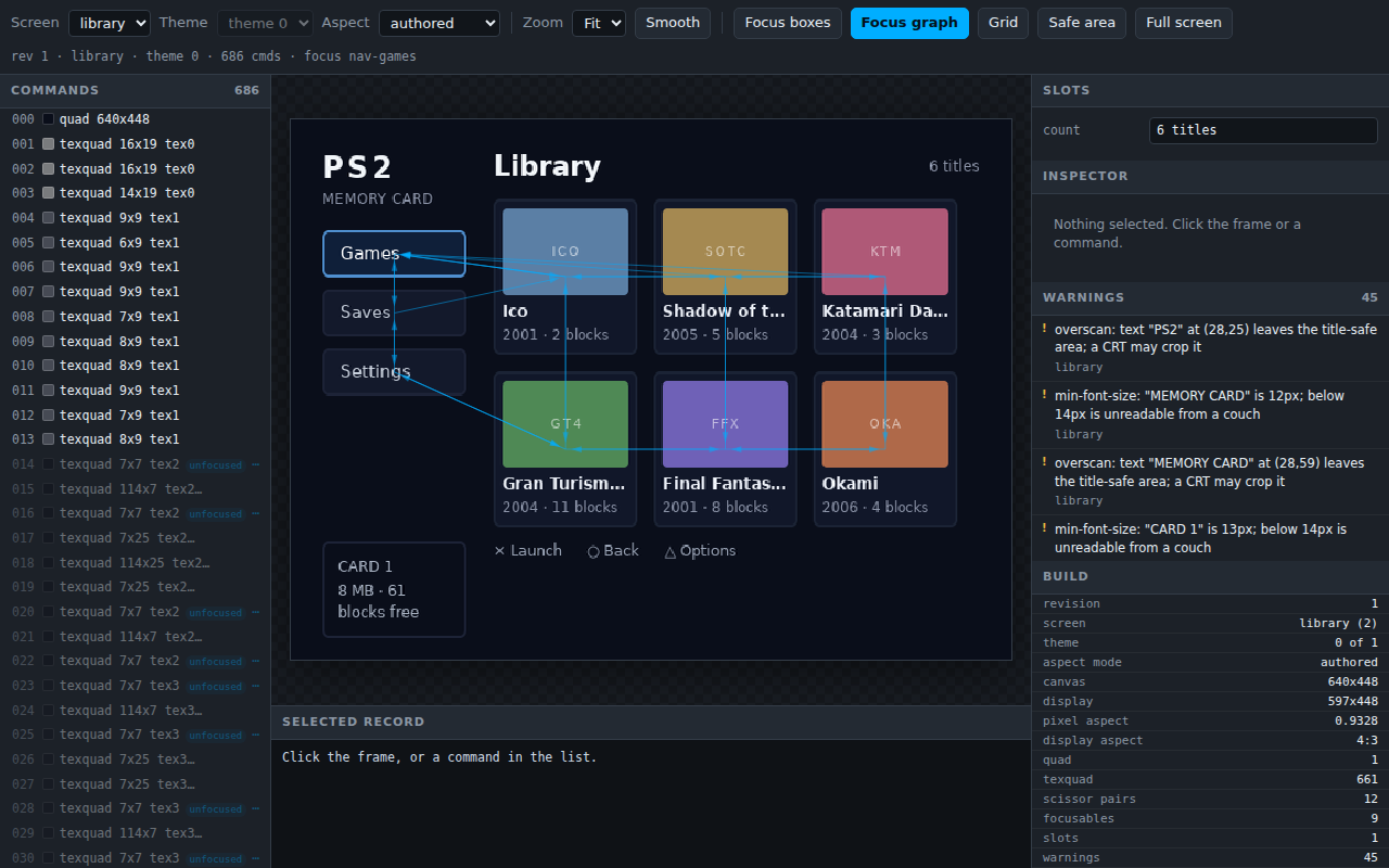 The memcard library screen in ps2ui serve, Focus graph toggled on, blue arrows drawn between the nine focusables