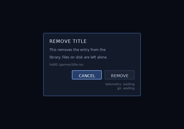 The opl-env confirm screen, root theme, 4:3, rendered alone over a flat background: a scrim and a panel with CANCEL focused