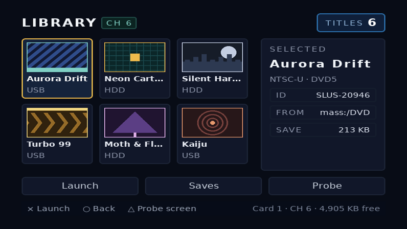 the same channel6 games frame resampled to the panel aspect, 796x448 at 16:9, initial focus on the Aurora Drift tile