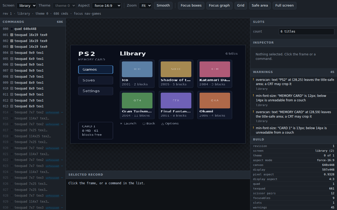 The memcard library screen, root theme, forced to 16:9: the same 640x448 framebuffer resampled narrower, with the text and the covers squeezed