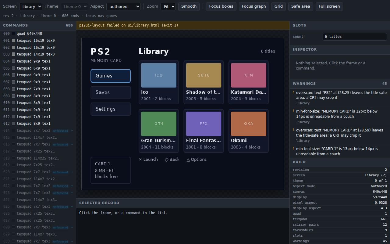 The previewer on the memcard library screen, root theme, as authored at 4:3, showing the last good frame under a banner reading ps2ui-layout failed on ui/library.html (exit 1), at revision 2