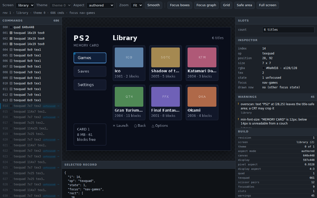 The previewer on the memcard library screen, root theme, as authored at 4:3, with command 14 selected: the inspector reads index 14, op texquad, position 28 92, size 7 x 7, rgba #0a0d16, tex 2, state 1 unfocused, focus nav-games, drawn now no