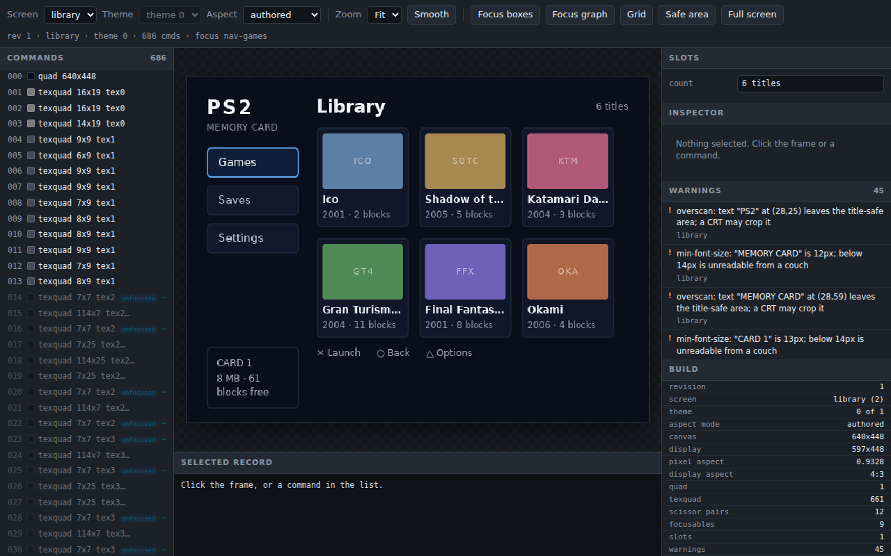 The previewer on the memcard project, library screen, root theme, as authored at 4:3, initial focus on Games: the toolbar, the command list, the frame, the slot box, an empty inspector and 45 warnings