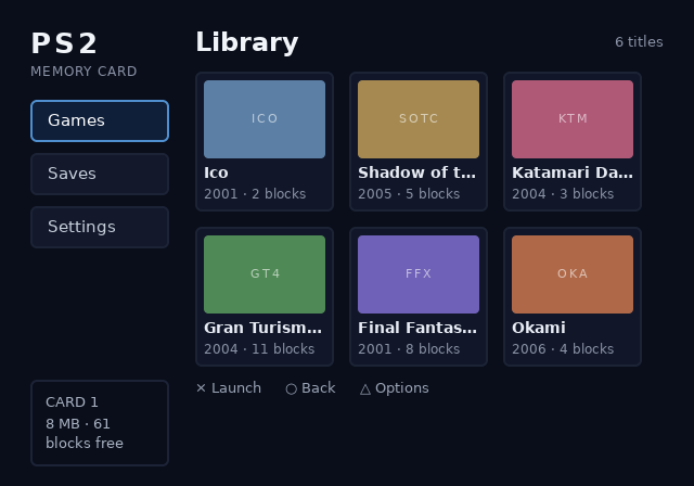 memcard library screen, root theme, 4:3, initial state