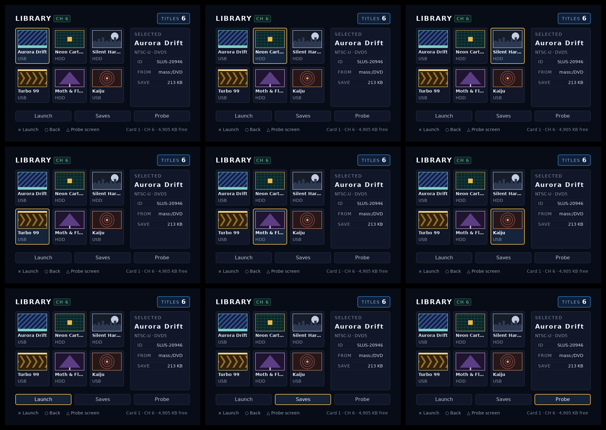 channel6 games screen montage, root theme, 4:3, all nine focus states, three columns by three rows