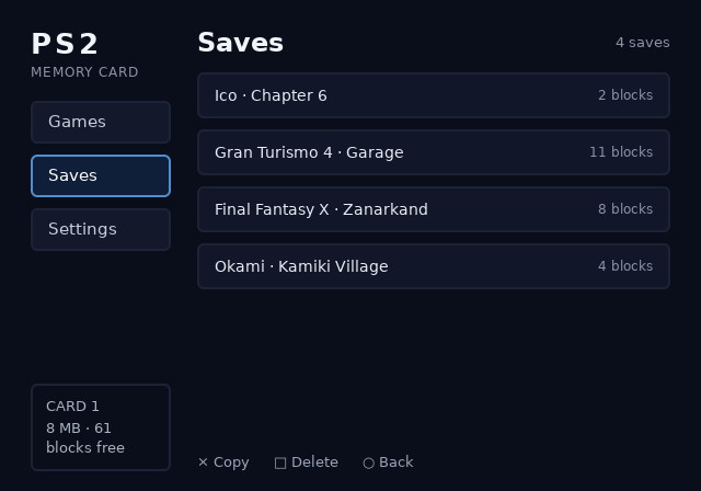 memcard saves screen, root theme, 4:3, initial focus on Saves: four save rows and the save-count slot reading 4 saves