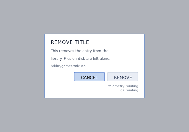 opl-env confirm dialog, light theme, 4:3, initial focus on CANCEL: the overlay composited over the screen beneath it