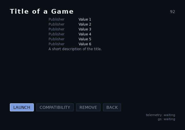 opl-env detail screen, root theme, 4:3, initial focus on LAUNCH: cover art, six fields and four action buttons