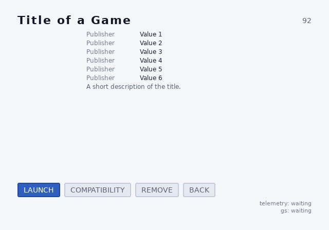 opl-env detail screen, light theme, 4:3, initial focus on LAUNCH: cover art, six fields and four action buttons