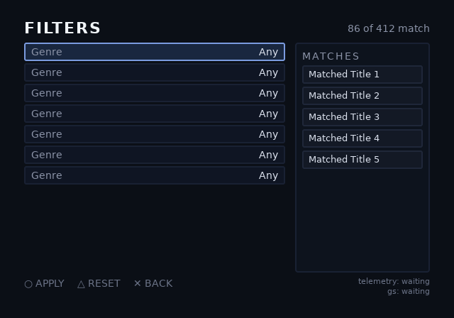 opl-env filters screen, root theme, 4:3, initial focus on the first facet row: seven facets and five matched titles