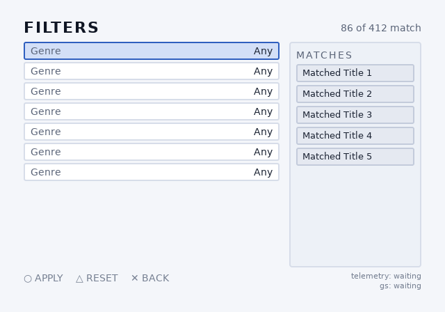 opl-env filters screen, light theme, 4:3, initial focus on the first facet row: seven facets and five matched titles