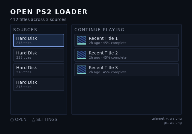 opl-env landing screen, root theme, 4:3, initial focus on the first source tile: hero banner, four source tiles and three resume cards