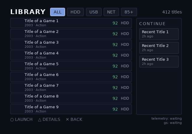 opl-env library screen, root theme, 4:3, initial focus on the ALL filter chip: nine library rows and three continue-playing tiles