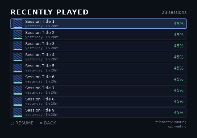 opl-env recent screen, root theme, 4:3, initial focus on the first session row: nine recently played rows