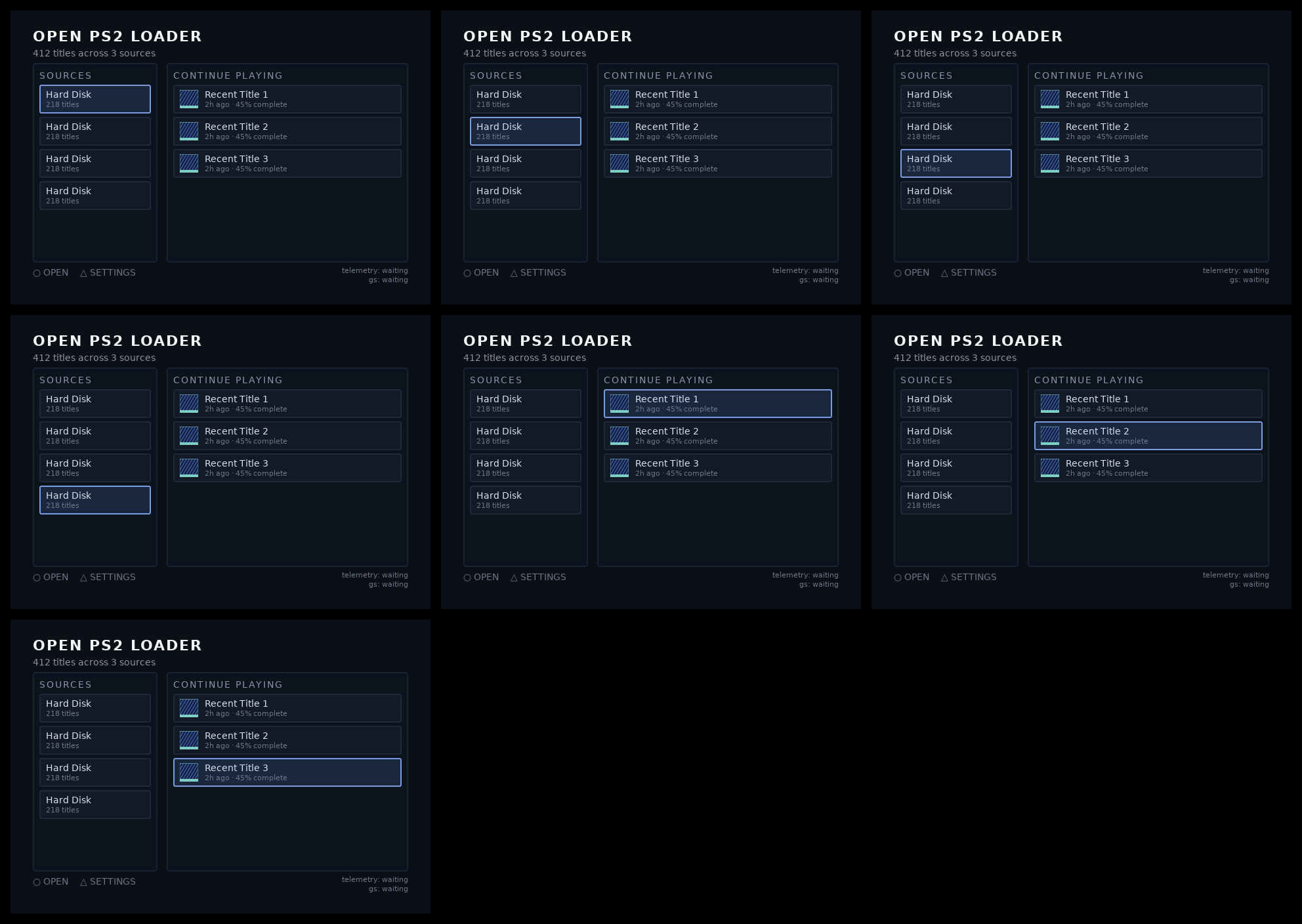 opl-env landing screen montage, root theme, 4:3, all seven focus states, three columns by three rows