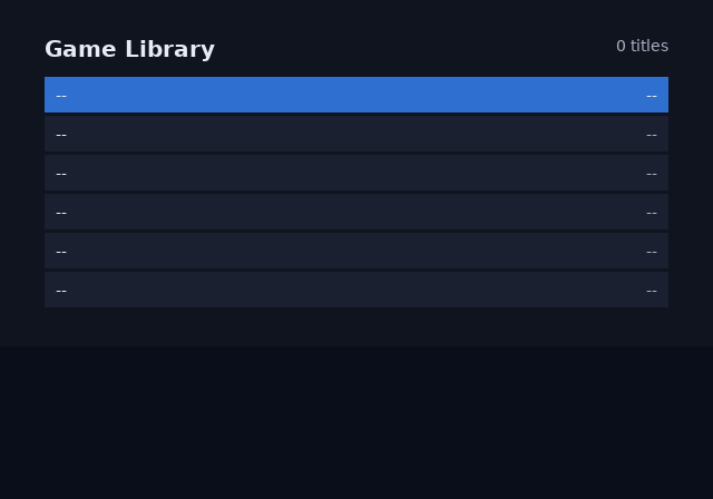 the quick start library screen, root theme, 4:3, initial focus on row 0, six placeholder rows and a 0-title count