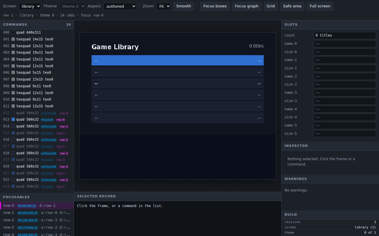 the served page after the tutorial's step 7: the library screen, row 0 focused, no warnings