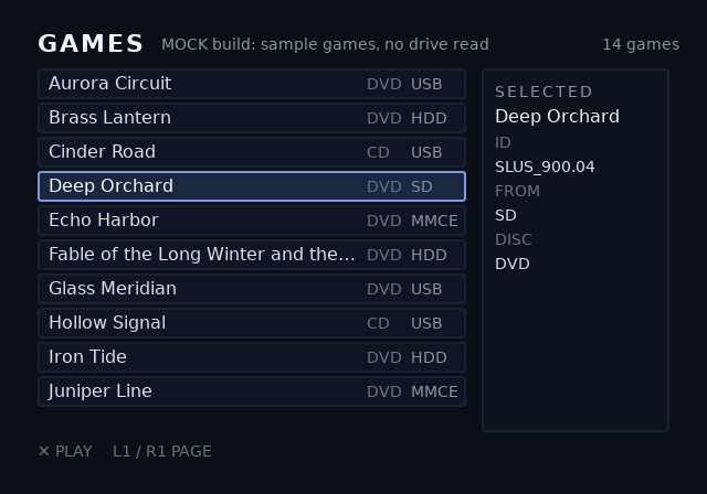 The built-in console theme on its games screen, 4:3, filled with the fourteen mock games, the fourth row selected