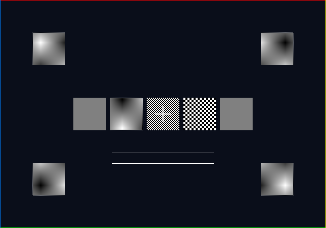 the texel-alignment test card: the resolution wedge, four edge rules, four corner checkers and the step-8 interlace pair
