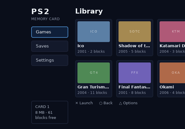 memcard library screen, root theme, 4:3, slid right 80 px and clipped at the display edge