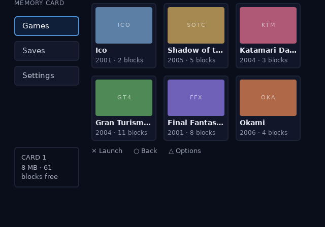 memcard library screen, root theme, 4:3, slid up 60 px and clipped at the display edge